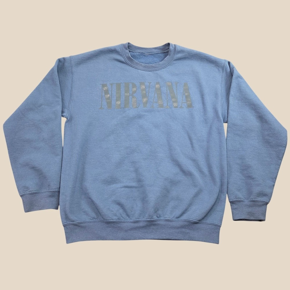 Nirvana Sweatshirt Mens Medium Blue Grunge Rock Pullover Y2K 90s Band Minimalist